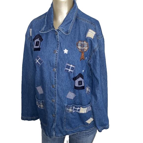 Agapo Women M VTG Blue Jean Long Sleeve Button Pockets Patch Denim Jacket - Picture 1 of 9
